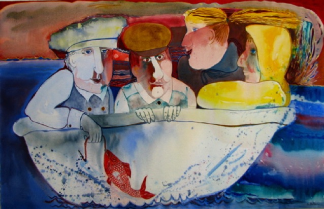 Rub-A-Dub-Dub     26" x 36"
Three men in a tub but how did she get in?
 It's all a red herring!